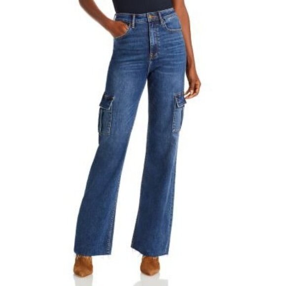 Aqua Blue Cargo Pockets Raw Hem Denim High Rise Wide Leg  Jeans Women's Size 29 - Picture 1 of 11